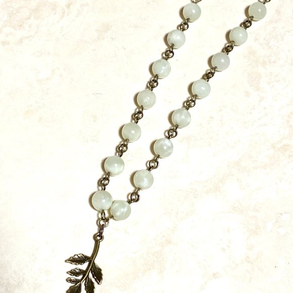 Natural Pale Green Serpentine Necklace, Bronze Leaf Branch + Genuine Gemstone - Picture 6 of 14